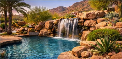 Luxury Goodyear Arizona landscape with mature Mexican fan palms and pink bougainvillea